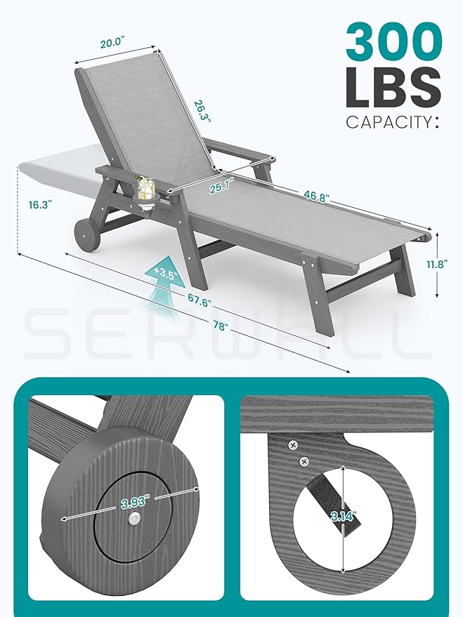 SERWALL Patio Chaise Lounge Chair, 5 Positions Outdoor Lounger for Pool - Photo 3