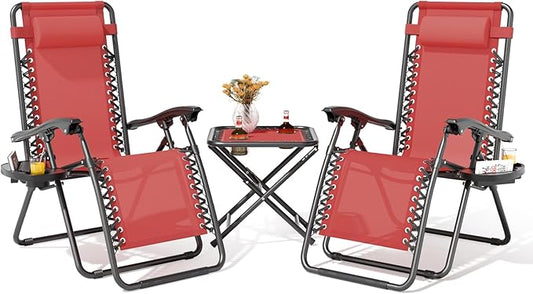 Magshion Folding Zero Gravity Chairs Set of 2, Outdoor Reclining Camping Chairs, Patio Lounge Recliners with Side Table & Cup Holder Tray, Maroon
