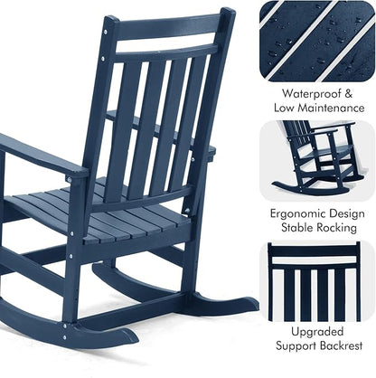 Oversized Outdoor Rocking Chairs Set of 2,All Weather Rocker Chair with More Comfortable Seat Panel for Porch Patio Outside(Navy Blue)