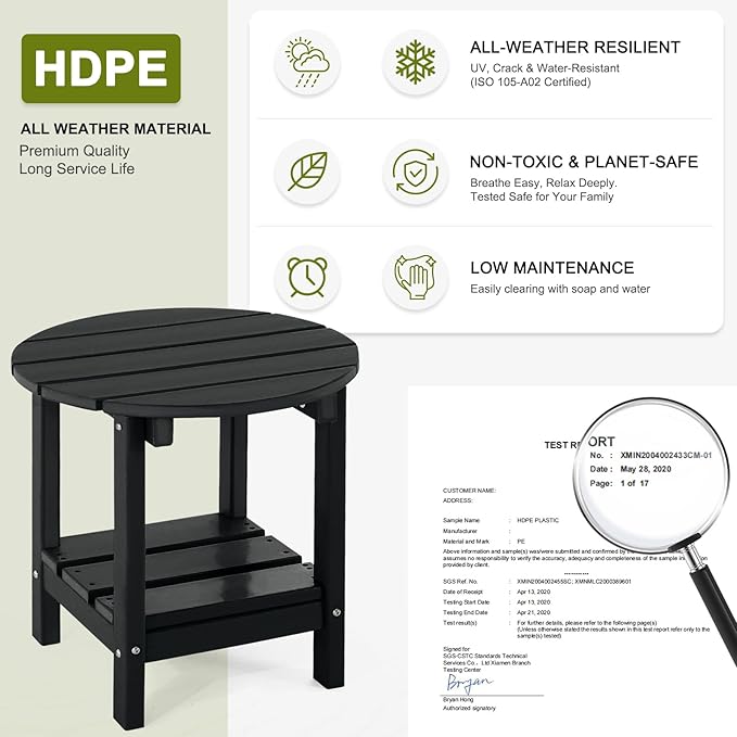 Adirondack Outdoor Side Tables, 2-Tier Round Outdoor Table, Weather Resistant HDPE Patio End Table for Garden, Lawn, Pool, Beach, Porch, Deck, Backyard - Black