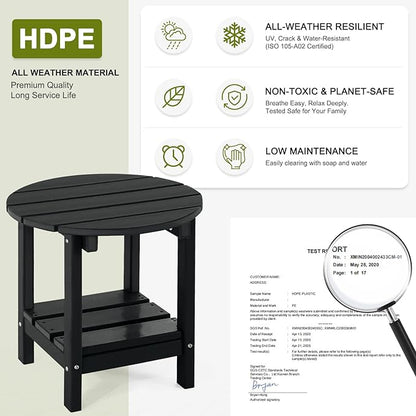 Set 2 Adirondack Outdoor Side Tables, 2-Tier Round Outdoor Table, Weather Resistant HDPE Patio End Table for Garden, Lawn, Pool, Beach, Porch, Deck, Backyard - Black