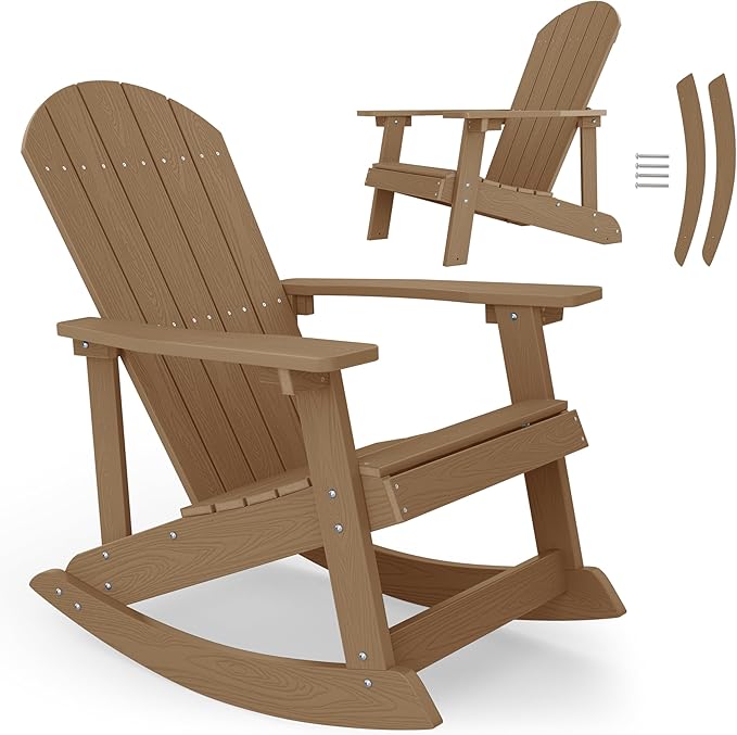 YEFU Outdoor Rocking Chair,Adirondack Rocking Chair,Patio Rocker Chair with Wide Back,Oversized Rocker Chair Look Like Real Wood, for Lawn, Porch, Backyard, Indoor and Garden(Teak)