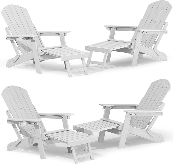 YEFU Adjustable Adirondack Chair with Footrest Set of 4, 5-Level Adjustable Adirondack Chair with Retractable Ottoman& Cup Holder, Folding Adirondacks Chairs Use for Outdoor, Pool, Fire Pit