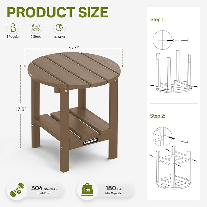 Outdoor Side Table Round - Patio Side Tables - HDPE Small Outdoor End Table for Backyard Pool Porch Balcony - Double Layer Storage - Light Brown (Wood Grain Finish)