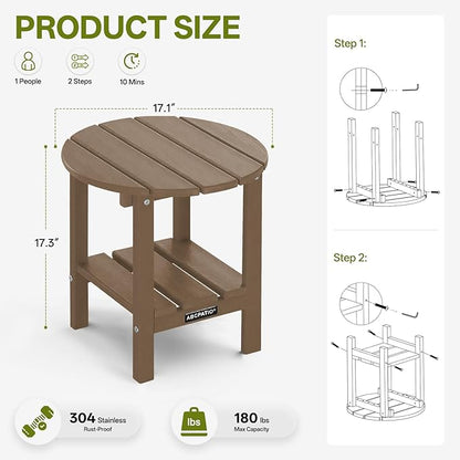 Outdoor Side Table Round - Patio Side Tables - HDPE Small Outdoor End Table for Backyard Pool Porch Balcony - Double Layer Storage - Light Brown (Wood Grain Finish)
