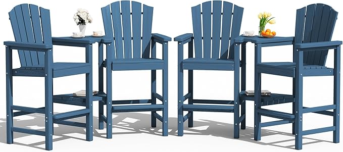 KINGYES Tall Adirondack Chair Set of 4, Embossed Balcony Height Chair with Removable Double Connecting Trays, Tall Poly Adirondack Chair, High Airondack Chair with Wood Grain, Deck, Lawn, Blue