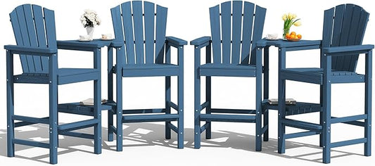 KINGYES Tall Adirondack Chair Set of 4, Embossed Balcony Height Chair with Removable Double Connecting Trays, Tall Poly Adirondack Chair, High Airondack Chair with Wood Grain, Deck, Lawn, Blue