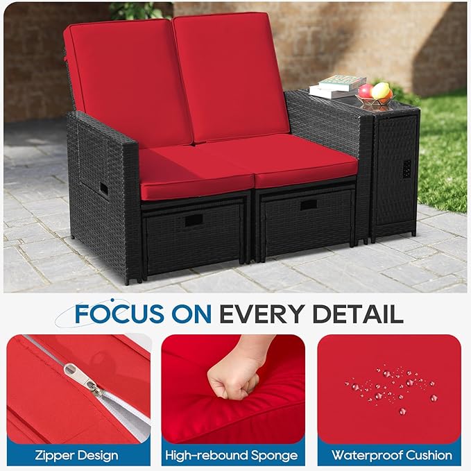 5PCS Outdoor Wicker Chaise Lounge Chair - Rattan Adjustable Reclining Patio Lounge Chair with Ottoman and Coffee Table, for Patio Beach Pool Backyard (Black Wicker Red Cushion)