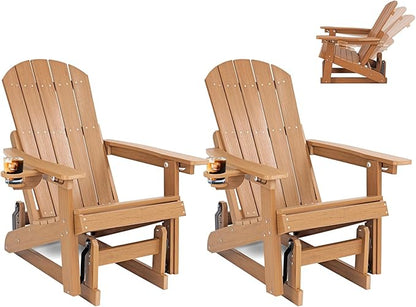 3-Position Adjustable Adirondack Chair with Cup Holder Set of 2, HDPE All-Weather Outdoor Glider Chair, Wood-Grain Fire Pit Chairs for Pool, Yard, Deck (Rustic Teak)