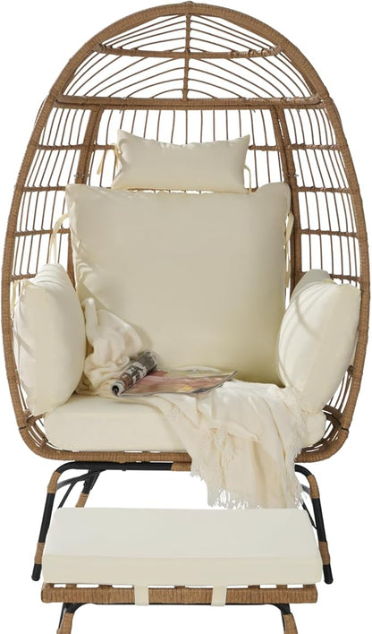 Oversized Wicker Egg Chair with Ottoman, Rattan Patio Egg Chair with Stand and Thick Cushions, Indoor Outdoor Lounge Chair for Backyard, Balcony, Living Room, Beige＋Ottoman
