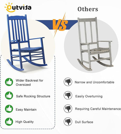 Outvita Outdoor Rocking Chair, Solid Wood High Back Rocker, All Weather Lounge Chair for Porch Patio Fire Pit Garden Backyard Deck Indoor, Wave Shape, Blue
