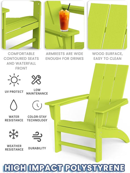 Modern Adirondack Chair, HDPE Plastic Patio Chairs for All Weather, Fire Pit Chair, Outdoor Lawn Chairs for Deck, Porch, Backyard, Garden, Lime