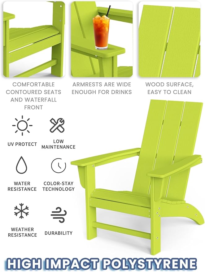 Modern Adirondack Chairs Set of 6, HDPE Plastic Patio Chairs for All Weather, Fire Pit Chair, Outdoor Lawn Chairs for Deck, Porch, Backyard, Garden, Lime