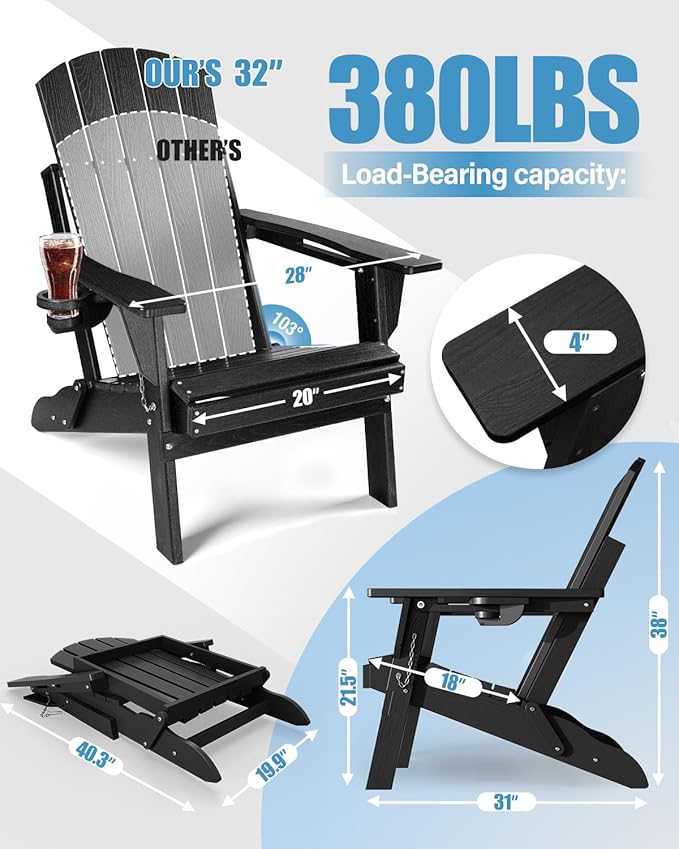 Adirondack Chairs Set of 4 for Outdoor Patio: Sturdy HDPE Plastic Fire Pit Chairs with Cup Holder & Wood Texture - Comfortable Easy to Assembly All-Weather Furniture - Easy Foldable and Stackable