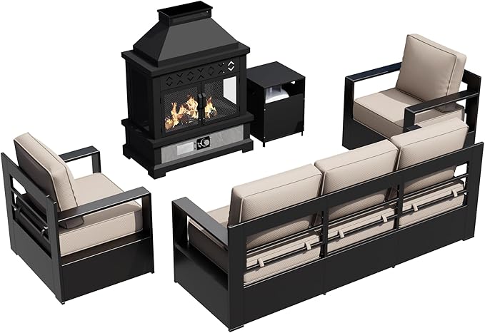 Outdoor Aluminum Furniture Set, 4-Piece Patio Conversation Set, 2 Chairs, 1 Sofa and 1 Fireplace - Photo 8