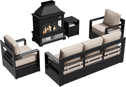 Outdoor Aluminum Furniture Set, 4-Piece Patio Conversation Set, 2 Chairs, 1 Sofa and 1 Fireplace, All-Weather Metal Frame, 6" Thick Removable Cushions, Deep Setting for Garden, Poolside and Porch