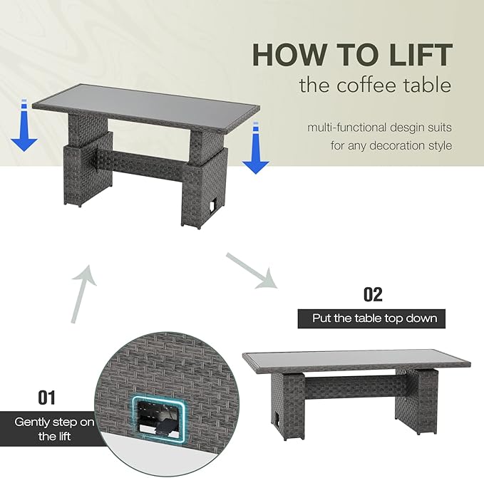 SUNSITT Outdoor Patio Lift Dining Table, Rectangle Patio Coffee Table with Glass Tabletop - Photo 8