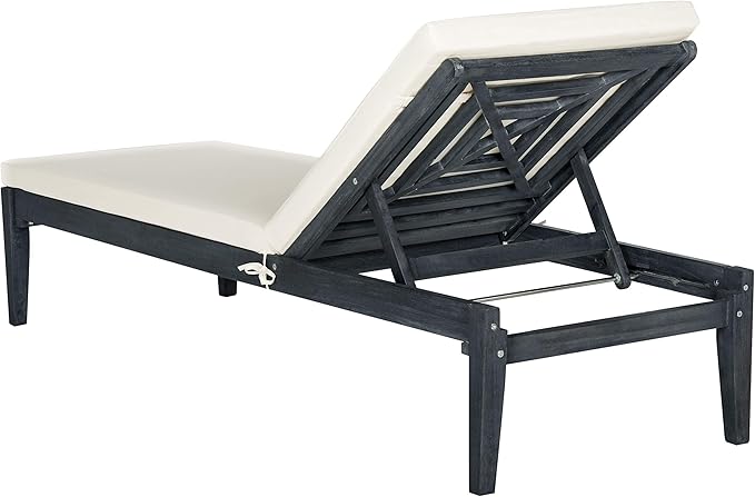 SAFAVIEH Outdoor Collection Arcata Dark Slate Grey Solid Wood/Beige Cushion Adjustable Chaise Lounge Chair (PAT6730K)