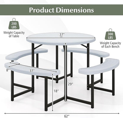 Giantex Picnic Table Bench Set for 4-8 Person, Round 37” Outdoor Dining Table w/Umbrella Hole, HDPE Tabletop, Metal Frame, Patio Furniture Set for Backyard Porch Lawn, 1400lb Capacity (White,Round)