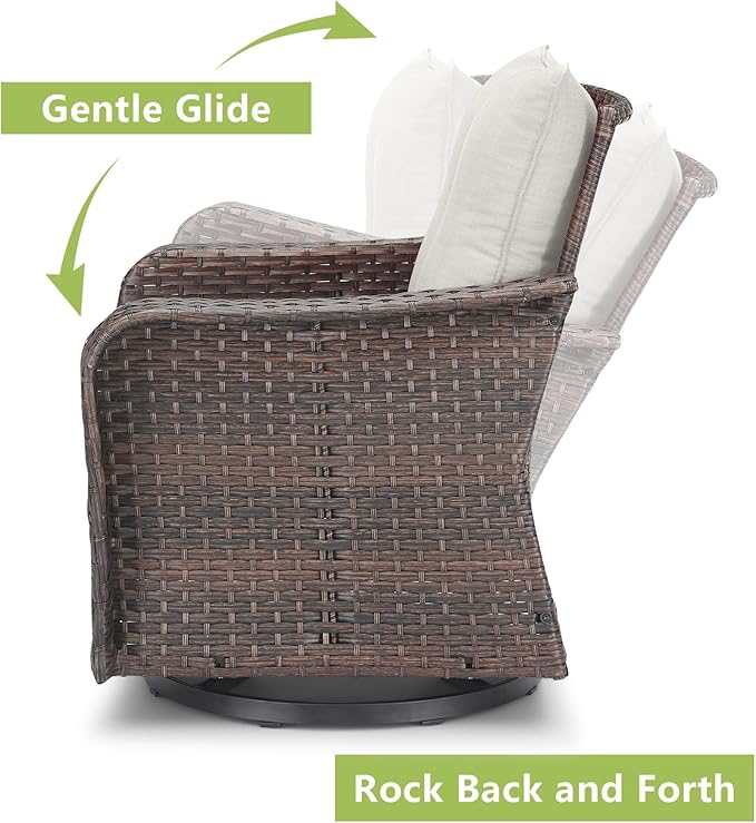 Rilyson Outdoor Patio Swivel Rocker Chairs - 6 PC Wicker Patio Bistro Sets with High Back,Comfy Cushions, Deep Seating and Side Table for Porch Deck Backyard Garden(Brown/Beige)