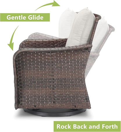 Rilyson Outdoor Patio Swivel Rocker Chairs - 2 PC Wicker Rattan Patio Rocker Glider Chair Set with High Back,Comfy Cushions and Deep Seating for Porch Deck Backyard Garden(Brown/Beige)