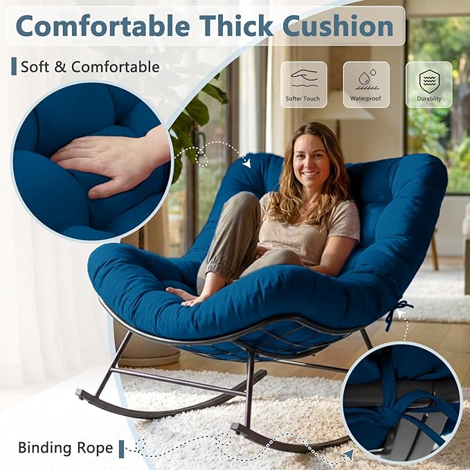 Cushioned Papasan Rocking Chair for Outdoor Indoor, Oversized Outdoor Rocking Chair with Cushion, Egg Rocker for Patio, Porch, Balcony, Lawn, Bedroom, Living Room, Navy Blue