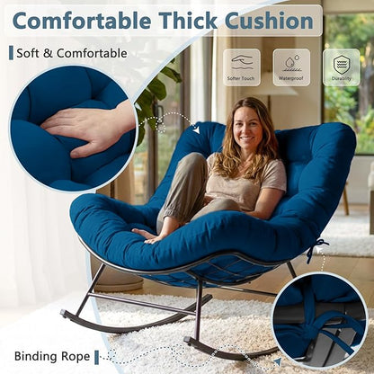 Cushioned Papasan Rocking Chair for Outdoor Indoor, Oversized Outdoor Rocking Chair with Cushion, Egg Rocker for Patio, Porch, Balcony, Lawn, Bedroom, Living Room, Navy Blue