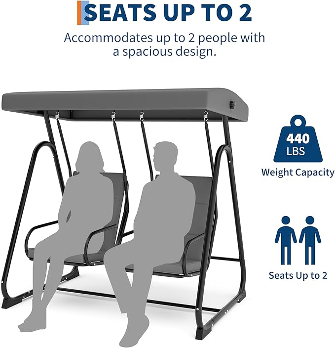 2-Person Patio Porch Swing Chair, Heavy Duty Outdoor Glider with Adjustable Canopy, High Backrest, Removable Cushions - Photo 8