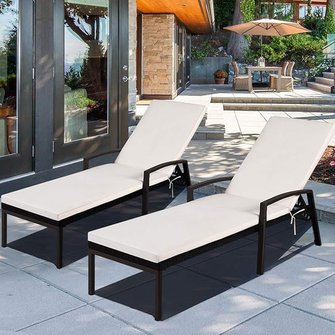 HAPPYGRILL 2 Patio Chaise Lounge Chairs Outdoor Rattan Wicker Lounge Set Adjustable Backrest Poolside Chaise with Soft Cushions for Beach Pool Backyard Balcony
