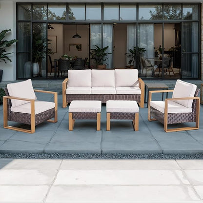 Outdoor Wicker Patio Furniture Set - 6 Piece Patio Conversation Set with 2 Wicker Armrest Chairs,2 Rattan Ottoman,1 Side Table and 1 Couch,Sturdy Frame,Thick Cushions,Deep Seating(Brown/Beige)