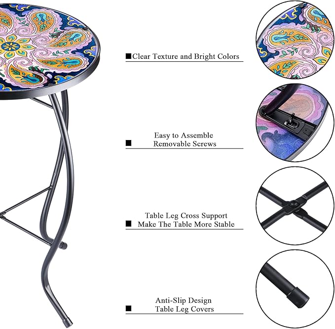 VCUTEKA Outdoor Side Table Mosaic End Table Patio Side Table Small End Table Glass Top Round Balcony Coffee Table Porch Indoor Glass Top