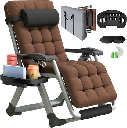 XL Zero Gravity Lounge Chair 29", Oversized Padded Folding Recliner for Patio with Storage Bag, Removable Cushion, Footrest, Full Aluminum Lock & Large Cup Holder, Supports 450 lbs, Brown