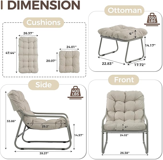 BULEXYARD Patio Lounge Chair with Ottoman, Set of 2, 4" Thick Cushion Reading Lounge Chairs - Photo 2