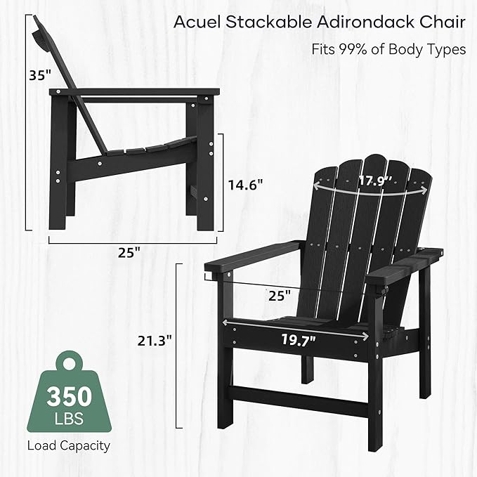 Stackable Adirondack Chairs Set of 2, Durable, Weather-Resistant Outdoor Patio Seating, Low Maintenance Poly Lumber Chairs for Porch, Deck, Garden, Fire Pit (Black)