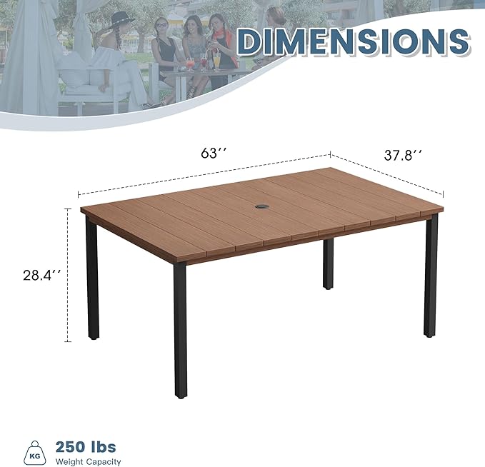 DIFY 63" Rectangle Outdoor Dining Table for 6, Slatted Metal Patio Table with Adjustable Umbrella Hole, All-Weather Patio Dining Table for Garden Backyard Deck, Walnut Tabletop