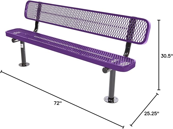 COATEDOUTDOORFURNITURE Coated Outdoor Furniture Heavy-Duty Outdoor Bench Thermoplastic Coated, Expanded Metal, Commercial-Grade Seating, Made in America (Surface with Back, 6 Ft, Textured Purple)