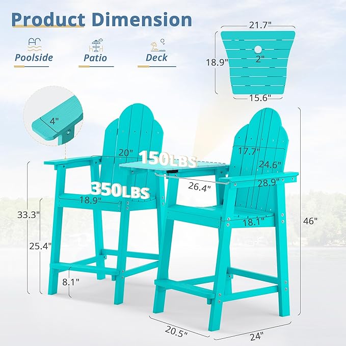 LUE BONA Tall Adirondack Chair Set of 2, All Weather HDPS Bar Height Adirondack Chair with Detachable Table & Umbrella Hole, Adirondack Barstools for Patio, Deck, Backyard & Commercial Use Aruba Blue