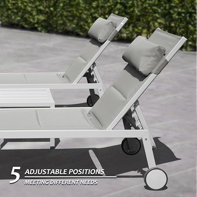 Domi Patio Chaise Lounge Set of 2 with Side Table, Adjustable Full Aluminum Pool Lounge Chairs with Wheels - Photo 4