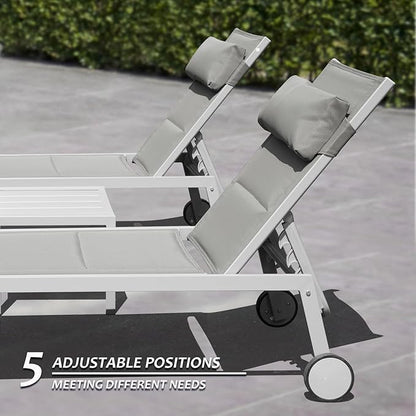 Domi Patio Chaise Lounge Set of 2 with Side Table, Adjustable Full Aluminum Pool Lounge Chairs with Wheels, Padded Sunbathing Lounger for Deck Lawn Patio Backyard,Textilene - Khaki