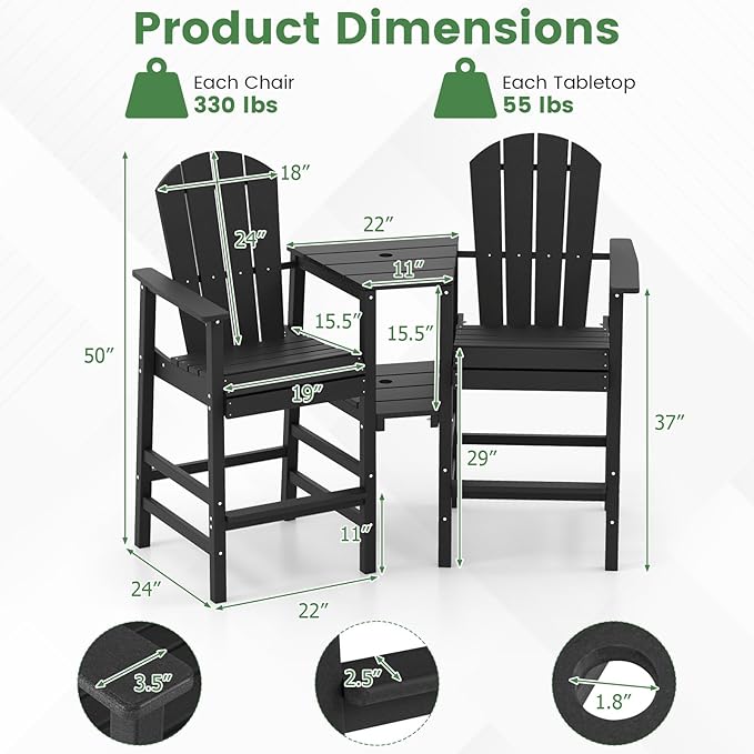 Giantex Outdoor Tall Adirondack Chairs Set of 2, HDPE Adirondack Bar Stools w/Double Connecting Tray, Umbrella Hole, High Backrest, All-Weather Balcony Chair, Patio Barstools for Garden Lawn (Black)