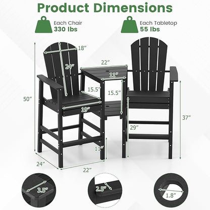 Giantex Outdoor Tall Adirondack Chairs Set of 2, HDPE Adirondack Bar Stools w/Double Connecting Tray, Umbrella Hole, High Backrest, All-Weather Balcony Chair, Patio Barstools for Garden Lawn (Black)
