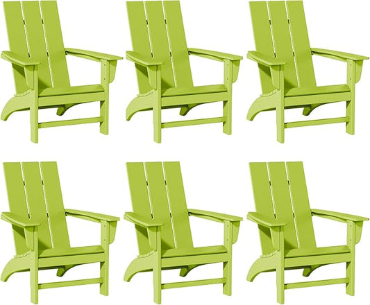 Poly Lumber Adirondack Chairs Set of 6, All-Weather Resistant Outdoor Patio Chairs, Look Like Wood, Pre-Assembled Outdoor Fire Pit Chair for Pool, Deck, Backyard, Garden, Lime