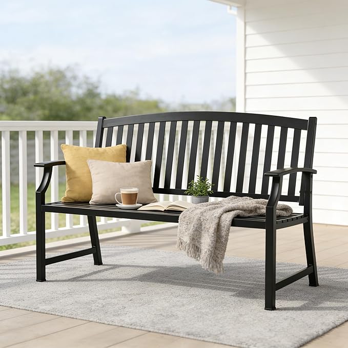 Grand patio 52" Farmhouse Outdoor Bench, Garden Benches with Anti-Rust Aluminum Powder Coated Frame, Faux Wood Grain Finish Frame Patio Bench for Front Porch, Black