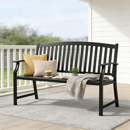 Grand patio 52" Farmhouse Outdoor Bench, Garden Benches with Anti-Rust Aluminum Powder Coated Frame, Faux Wood Grain Finish Frame Patio Bench for Front Porch, Black