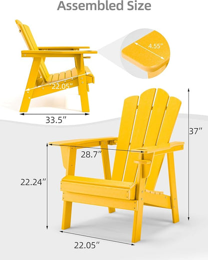 Adirondack Chair - Durable HDPE Poly Lumber All-Weather Resistant, Oversized Balcony Porch Patio Outdoor Chair for Lawn, Backyard, Deck, Garden, Camping - Easy Installation, Yellow