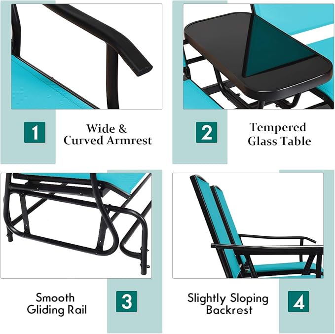 Giantex Patio Bench Glider Chair with Metal Frame, Center Tempered Glass Table - Photo 4