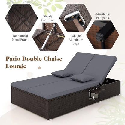 Tangkula Outdoor Rattan Daybed with 6-Level Adjustable Backrests, 2-Person Adjustable Wicker Recliner Bed with Cushions & Folding Side Trays, Double Sunbed Lounger for Balcony, Backyard & Poolside