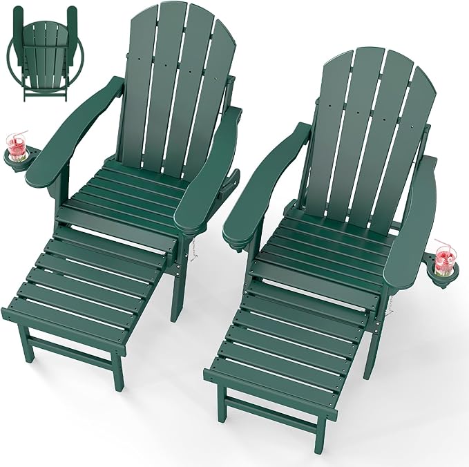 BRIOPAWS Adirondack-Chairs-with-Pull-Out-Footrest | Set of 2 | Folding | HDPE Plastic | Fire Pit Chair | All Weather | Cup Holders | Curved Back | Retractable Ottoman | for Poolside Deck | Forest