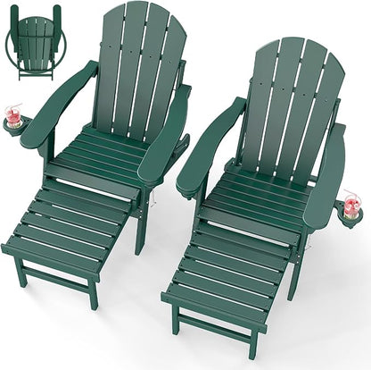 BRIOPAWS Adirondack-Chairs-with-Pull-Out-Footrest | Set of 2 | Folding | HDPE Plastic | Fire Pit Chair | All Weather | Cup Holders | Curved Back | Retractable Ottoman | for Poolside Deck | Forest