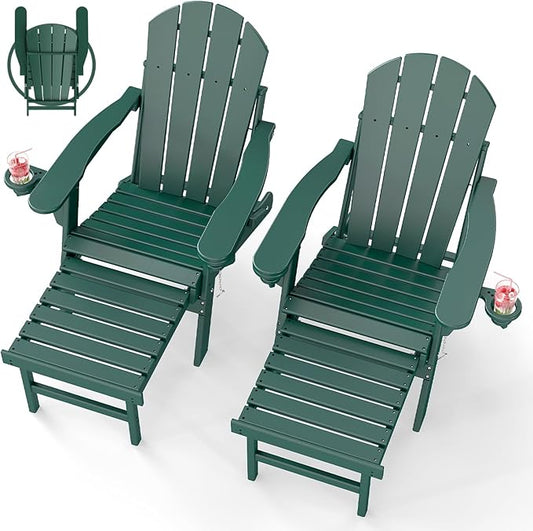 BRIOPAWS Adirondack-Chairs-with-Pull-Out-Footrest | Set of 2 | Folding | HDPE Plastic | Fire Pit Chair | All Weather | Cup Holders | Curved Back | Retractable Ottoman | for Poolside Deck | Forest